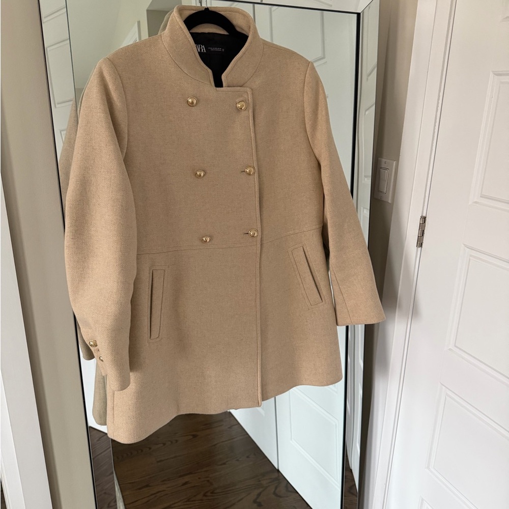 Zara Tan Double-Breasted Pea Coat